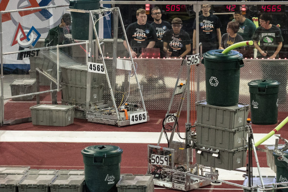 Globe TigeRobotics competing in the arena with other robots at Arizona West regional competition. 